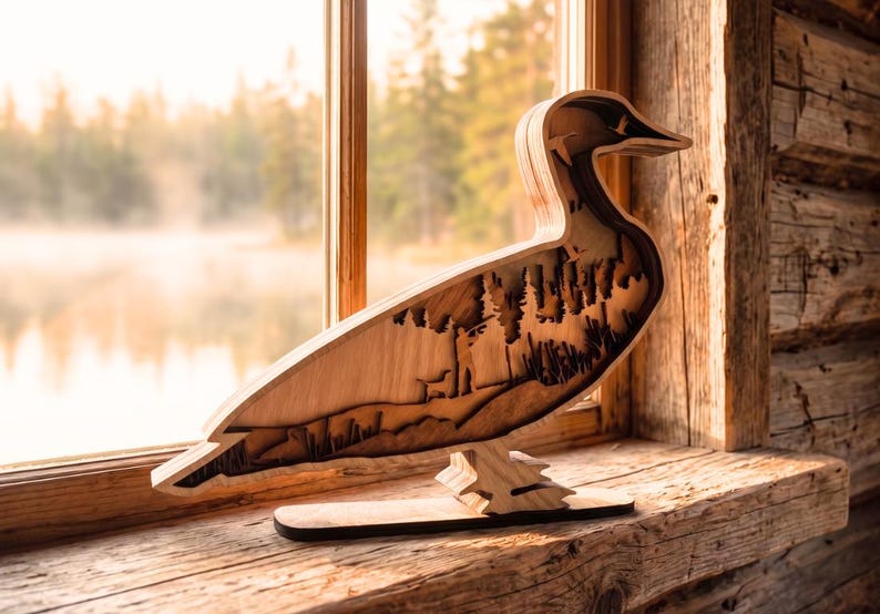 May include: A layered wooden duck sculpture featuring a cutout silhouette of a hunter with a dog in a forest setting. The piece is constructed from multiple stacked wood panels with natural grain patterns, creating a three-dimensional effect.