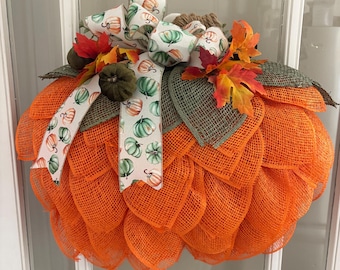 3D Pumpkin Wreath for Front Door | Poly Burlap Fall Wreath | Luxury Autumn Door Decor | Thanksgiving Porch Decor | Handmade Pumpkin Wreath