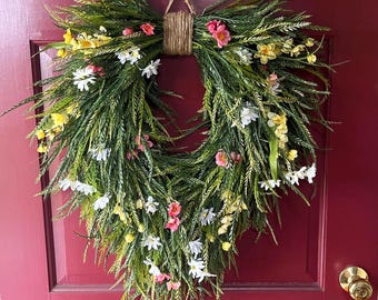 Cascading Greenery Wreath, Coral Yellow White Wildflower Door Decor, Garden Style