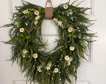 Cascading Greenery Wreath, Everyday Wreath, Daisy Door Decor, Boho Style