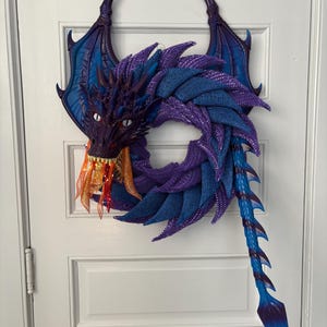 Dragon Wreath with flames and lights in Dragon’s mouth, Dragon Door Hanger, Dragon for front door, Front door Dragon Decor