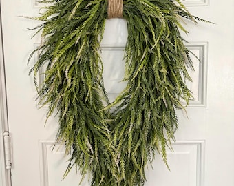 Versatile Cascading Teardrop Wreath with Real-Feel Greenery | Wispy Faux Sawgrass Greens | Classy Natural Door Decor