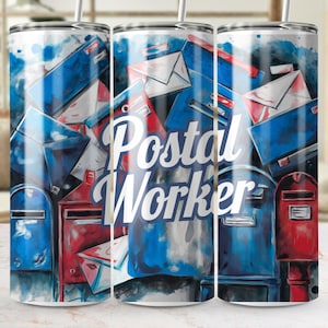Employé des postes 20 oz Skinny Tumbler Wrap Sublimation Design, joli collage de timbres lettre de facteur, téléchargement numérique PNG, 20 oz papier d'emballage conique