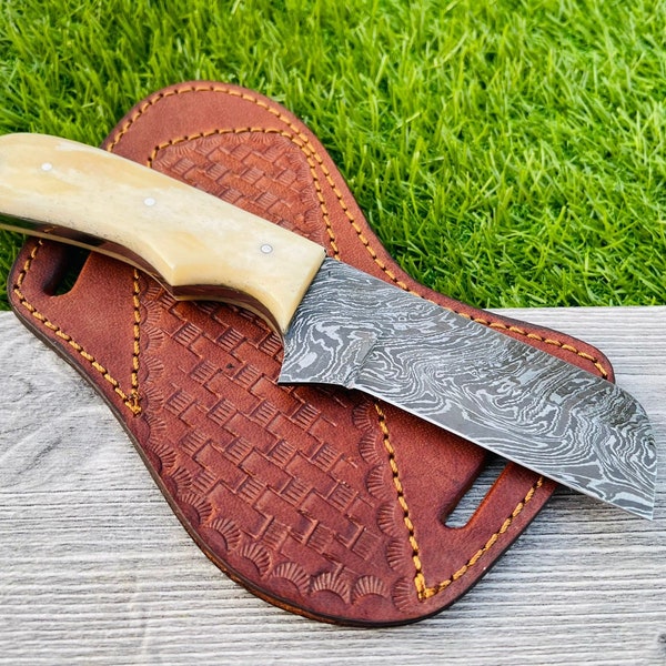 Cowboy Bull Cutter Knife With Damascus Blade And Pan Cake Leather Sheath, Dual Carry Leather Sheath, EDC Knife, Anniversary/Christmas Gift