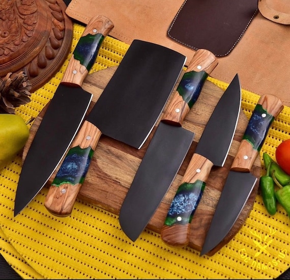 Hand Forged Damascus Chef's Knife Set of 5 BBQ Knife Kitchen Knife Gift for  Her Valentines Gift Camping Knife Gift for Him Groomsmen Gift SM 