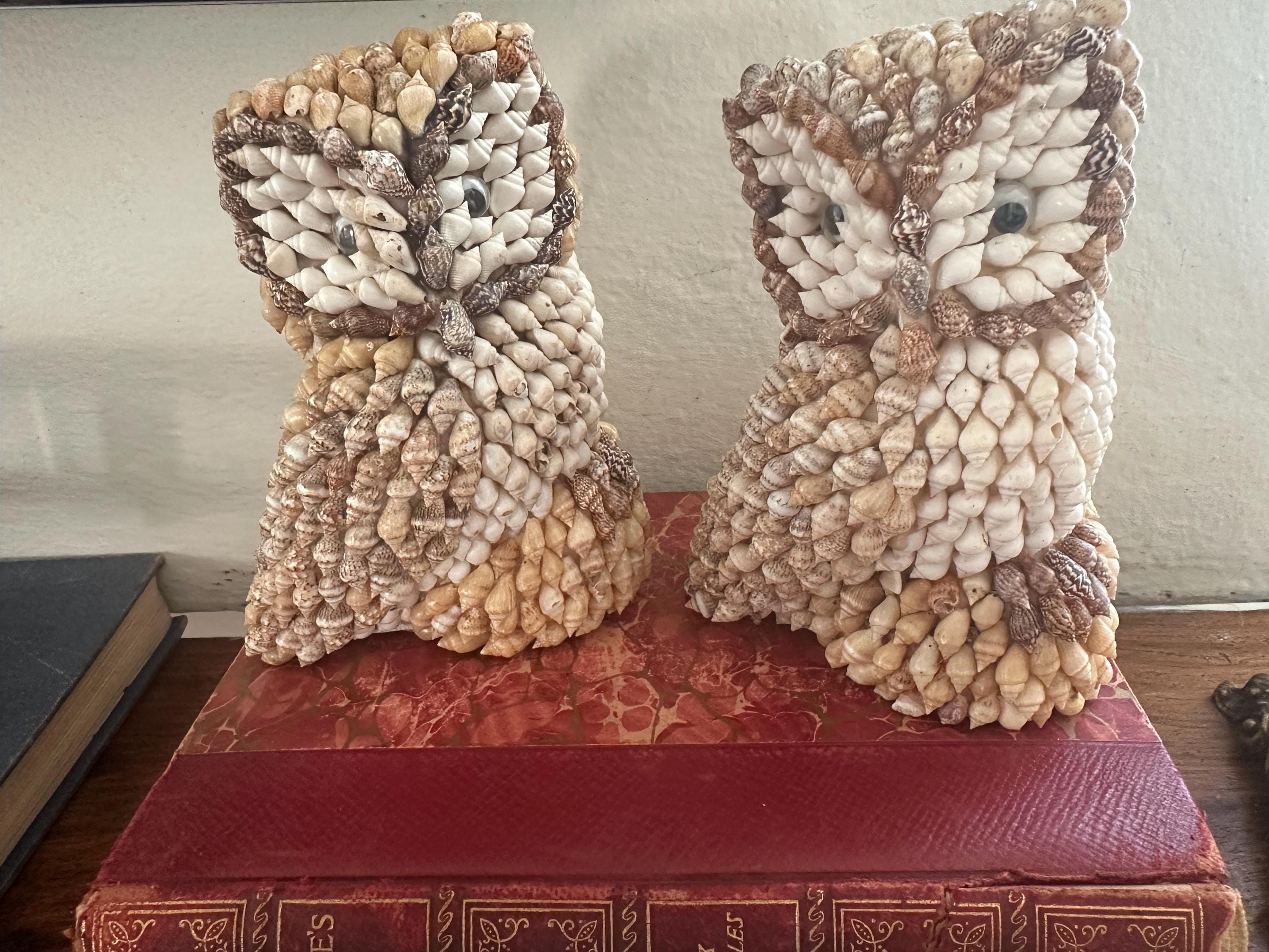 Vintage Seashell Owl Figurines | Pair of Mid-Century Shell Art Owls | Beach Cottage Decor | Made in 