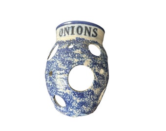 Vintage Spatterware Wall Pocket onion Keeper Stoneware blue and white signed