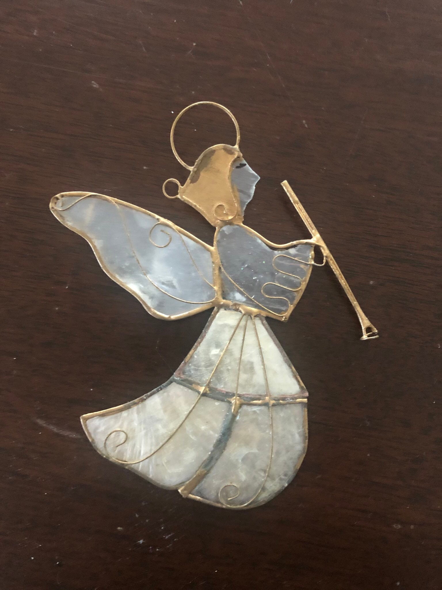 Small Christmas Hanging Ornament Angel With Horn Wrapped in Gold Wire Mica 