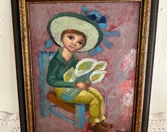 Vintage painting of a boy oil on board