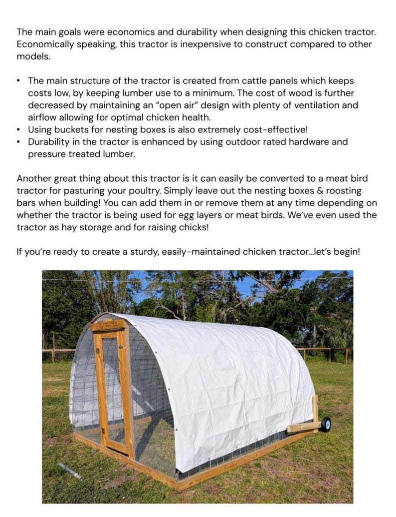 May include: A white tarp covers a wooden chicken coop with a wire mesh enclosure. The coop has a wooden door and wheels. The coop is on a grassy field.