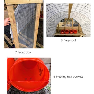 May include: A wooden coop with a wire mesh door, a white tarp roof, and orange nesting boxes made from buckets. The coop is designed for chickens.