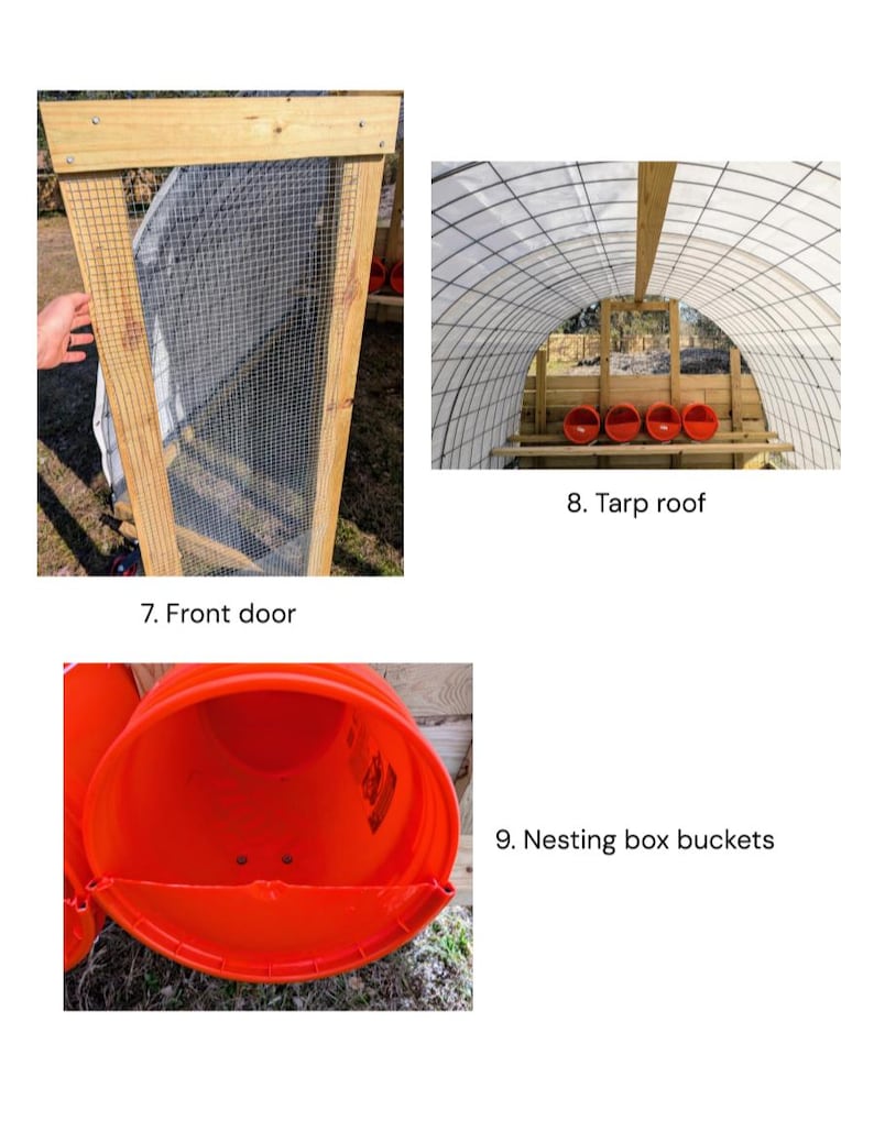May include: A wooden coop with a wire mesh door, a white tarp roof, and orange nesting boxes made from buckets. The coop is designed for chickens.