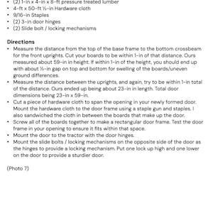 May include: Instructions for building a wooden door frame using pressure treated lumber, hardware cloth, staples, hinges, and locking mechanisms. The door is 23 inches wide and 59 inches tall.