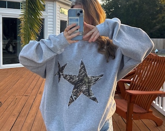 Camo Star Patchwork Hoodie, Unisex Crewneck Sweatshirt