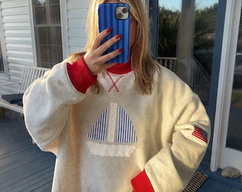 Sailboat Mock Neck Sweatshirt  Coastal Oversized Crewneck  Nautical Red White & Blue Pullover | Vintage Inspired Beach Sweatshirt