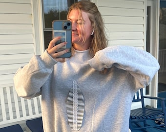 Oversized Patchwork surfboard Mockneck Sweatshirt Striped Surfboard Appliqué with Lace Unique Beachy Coastal Crewneck