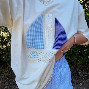Patchwork Sailboat Crewneck Sweatshirt, Coastal Nautical Pullover
