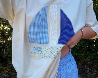 Patchwork Sailboat Crewneck Sweatshirt, Coastal Nautical Pullover