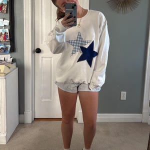 Patchwork Star Blue Crewneck Sweatshirt, Oversized Unisex Jumper, Cozy Pullover, Winter Fashion Top, Comfy Sweater, gift for her