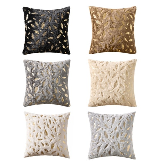 Set Of 2 Gold stamp feather design faux fur Cushion