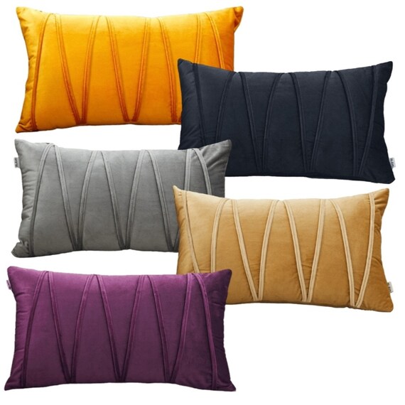 Set Of 2 Throw Pillow Velvet Chevron Lines Cushion Covers 12 x 20 inches