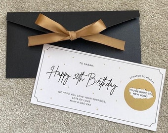 Birthday Surprise Scratch Card, Personalised, for any occasion, ribbon envelope