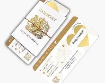 Cartão de embarque personalizado, raspadinha, passaporte dourado, avião dourado e gravata