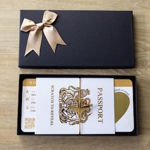 Personalised Boarding Pass Scratch Card, Gold Foil Passport, Gold plane & tie image 11