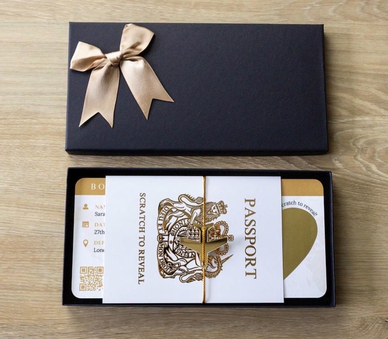 Personalised Boarding Pass Scratch Card, Gold Foil Passport, Gold plane & tie image 11