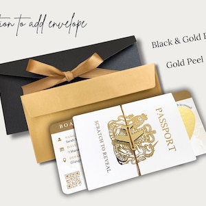 Personalised Boarding Pass Scratch Card, Gold Foil Passport, Gold plane & tie image 9