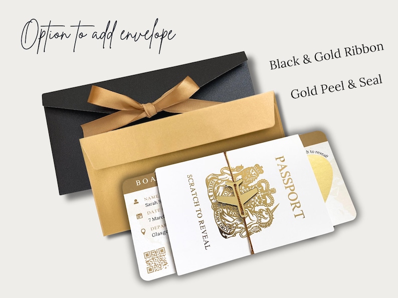 Personalised Boarding Pass Scratch Card, Gold Foil Passport, Gold plane & tie image 9