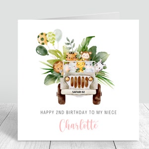 2 ° secondo biglietto di compleanno, giungla, safari, animale, ragazze