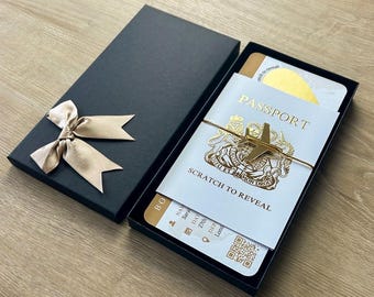 Personalised Boarding Pass Scratch Card, Gold Foil Passport, Gold plane & tie