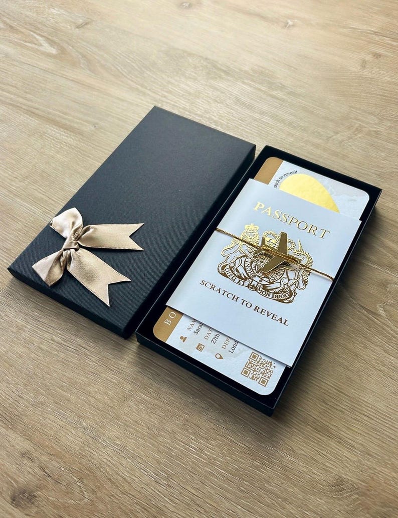 Personalised Boarding Pass Scratch Card, Gold Foil Passport, Gold plane & tie image 1