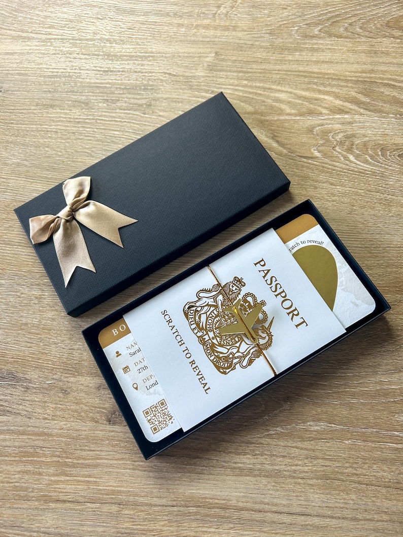 Personalised Boarding Pass Scratch Card, Gold Foil Passport, Gold plane & tie image 3