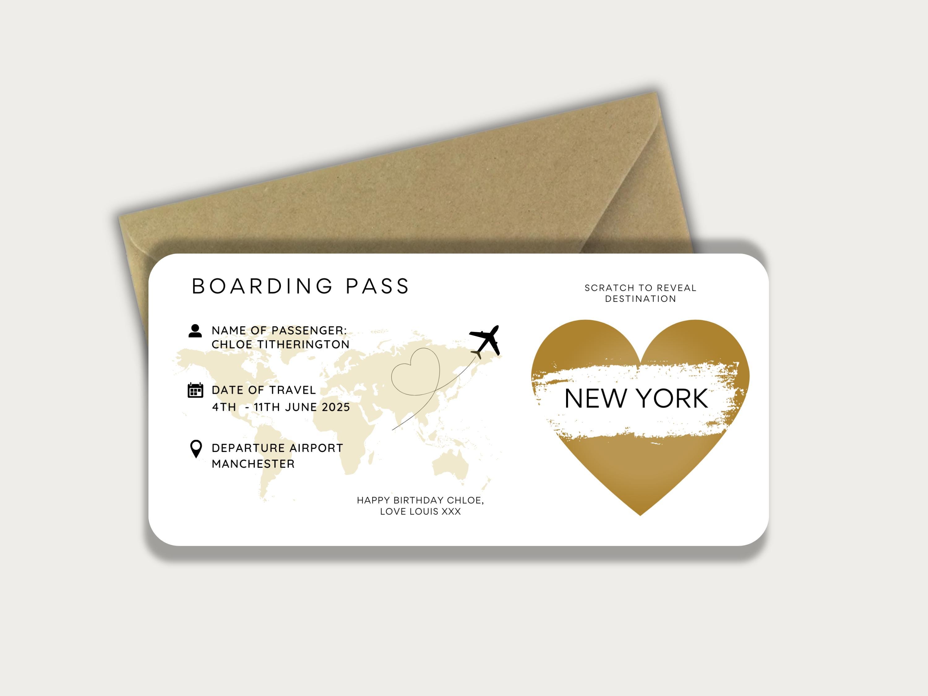 Boding Card Personalised Boarding Pass Scratch Card Ribbon Envelope - Etsy
