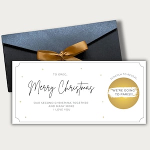 Carte à gratter Joyeux Noël, personnalisée, enveloppe avec ruban noir et or