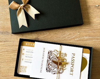 Personalised Boarding Pass Scratch Card, Gold Foil Passport, Gold plane & tie