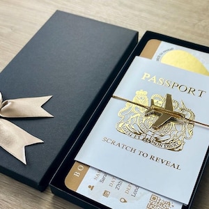 Personalised Boarding Pass Scratch Card, Gold Foil Passport, Gold plane & tie image 5