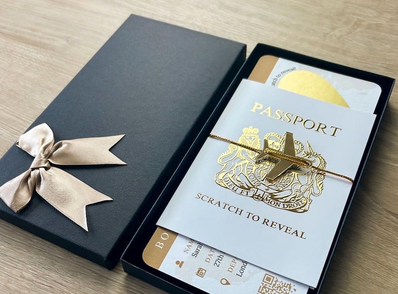 Personalised Boarding Pass Scratch Card, Gold Foil Passport, Gold plane & tie image 5