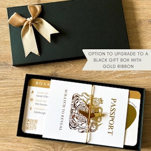 Personalised Boarding Pass Scratch Card, Gold Foil Passport, Gold plane & tie Ribbon Gift Box