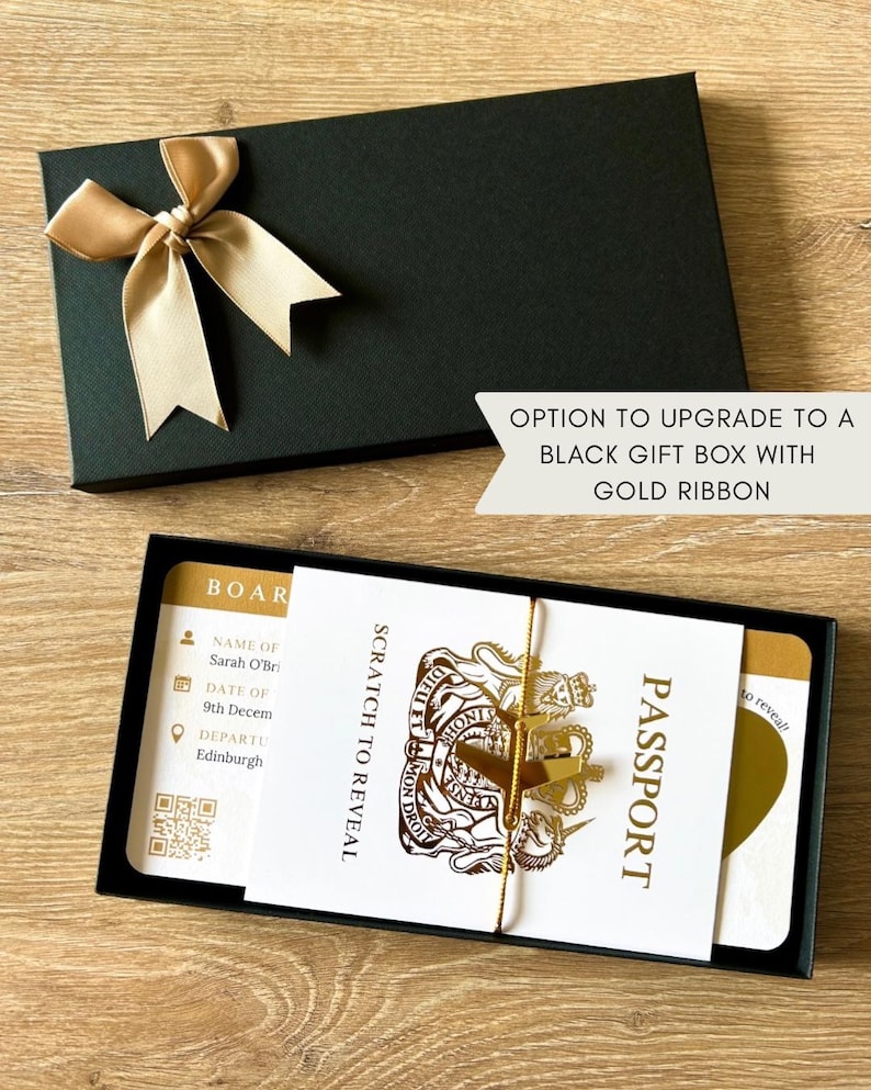 Personalised Boarding Pass Scratch Card, Gold Foil Passport, Gold plane & tie Ribbon Gift Box