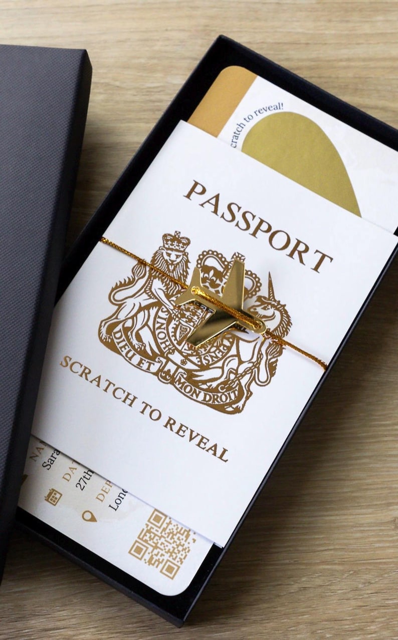 Personalised Boarding Pass Scratch Card, Gold Foil Passport, Gold plane & tie image 2