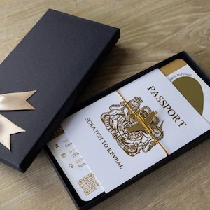 Personalised Boarding Pass Scratch Card, Gold Foil Passport, Gold plane & tie image 4