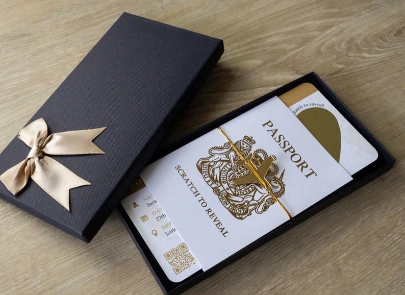 Personalised Boarding Pass Scratch Card, Gold Foil Passport, Gold plane & tie image 4