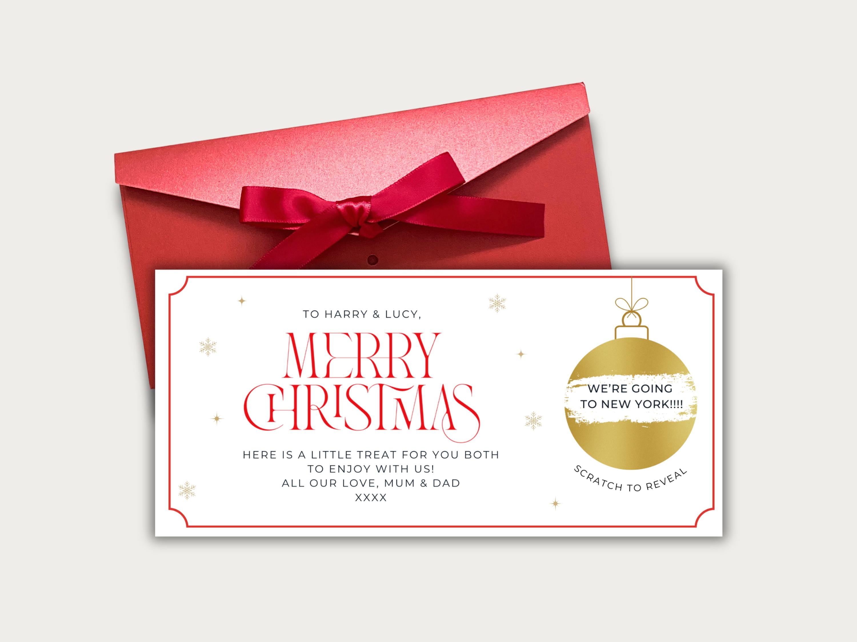 Merry Christmas Scratch Card, Personalised, Red ribbon envelope
