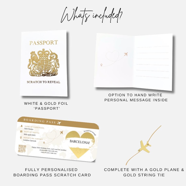 Personalised Boarding Pass Scratch Card, Gold Foil Passport, Gold plane & tie image 8