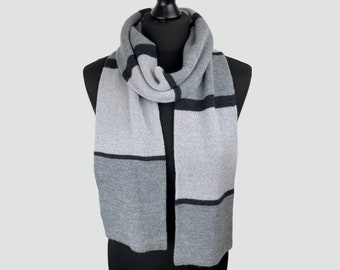 Striped grey and black knitted scarf, 100% merino wool, men's scarf, women's scarf
