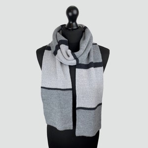 Écharpe en tricot rayée grise et noire, 100 % laine mérinos, écharpe pour homme, écharpe pour femme