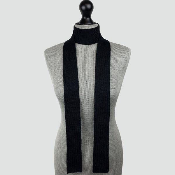 Écharpe longue et fine en tricot, 100 % laine mérinos, véritable écharpe fine noire